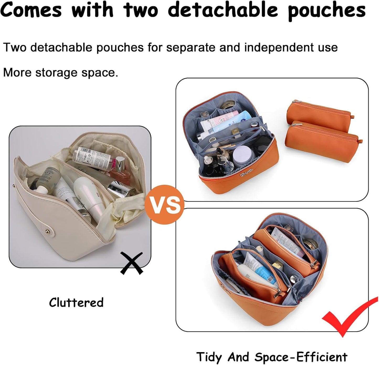 BOYATU Travel Makeup Bags Cosmetic Organizer Bag: 3-Set Large Capacity Make up Bag - PU Leather Toiletry Bags for Women - Wide Open Portable Pouch with Divider & Handle (09-Orange brown)