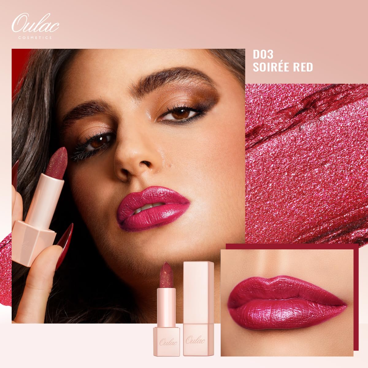 Oulac Moisture Red Lipstick Set 3PCS - Infinity High Shine Finish, Hydrating Vegan Lipstick Infused with Damask Rose Oil for All-Day Comfort, Gluten-Free, PG02+PG14+D03