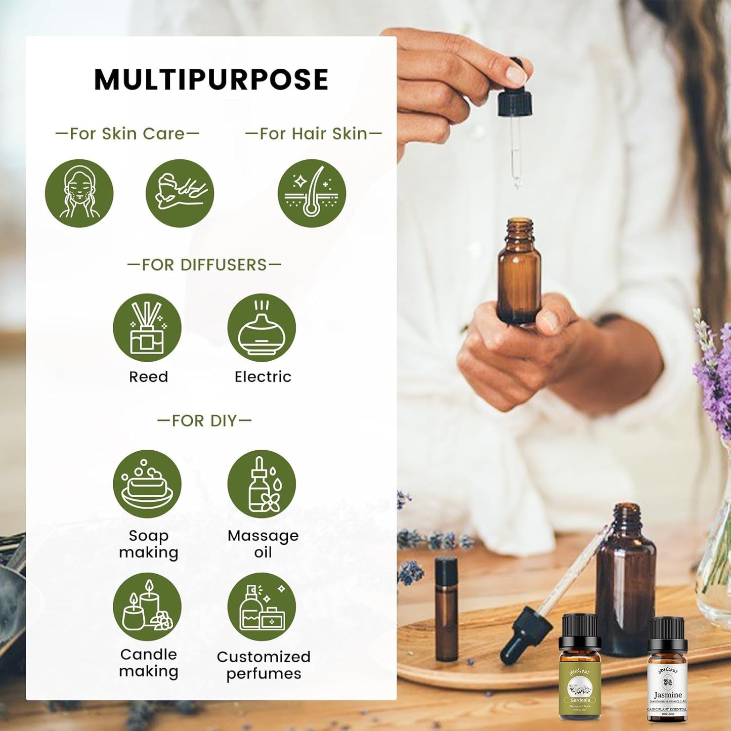 yethious Jasmine Gardenia Essential Oil Set 100% Pure Gardenia Fragance Oil Jasmine Aromatherapy Oils for Diffuser - 2 Pack 10ML