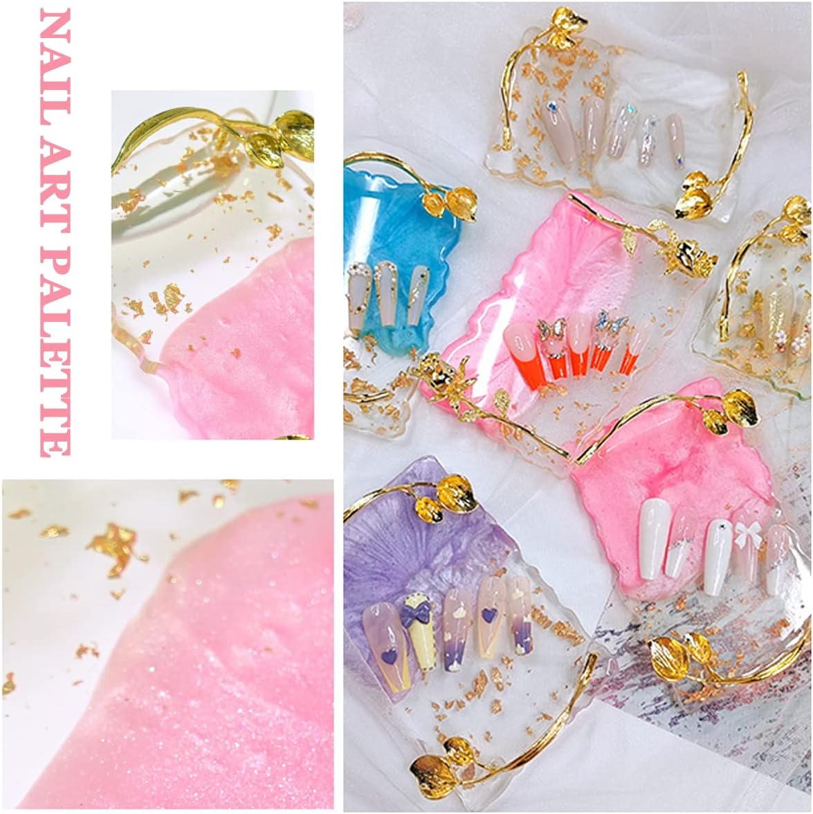 2023 Retro Nail Art Palette, Nail Painting Mixed Color Palette with Leaves Handle, Nail Holder Gel Color Makeup Display Board Pallet (Pink)
