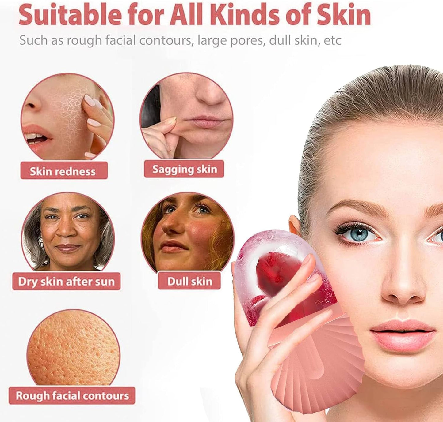 KOGITI Face Ice Roller & Mold - Beauty Facial Massage Tool for Puffiness Relief, Ice Cube Holder (Shell-Pink)