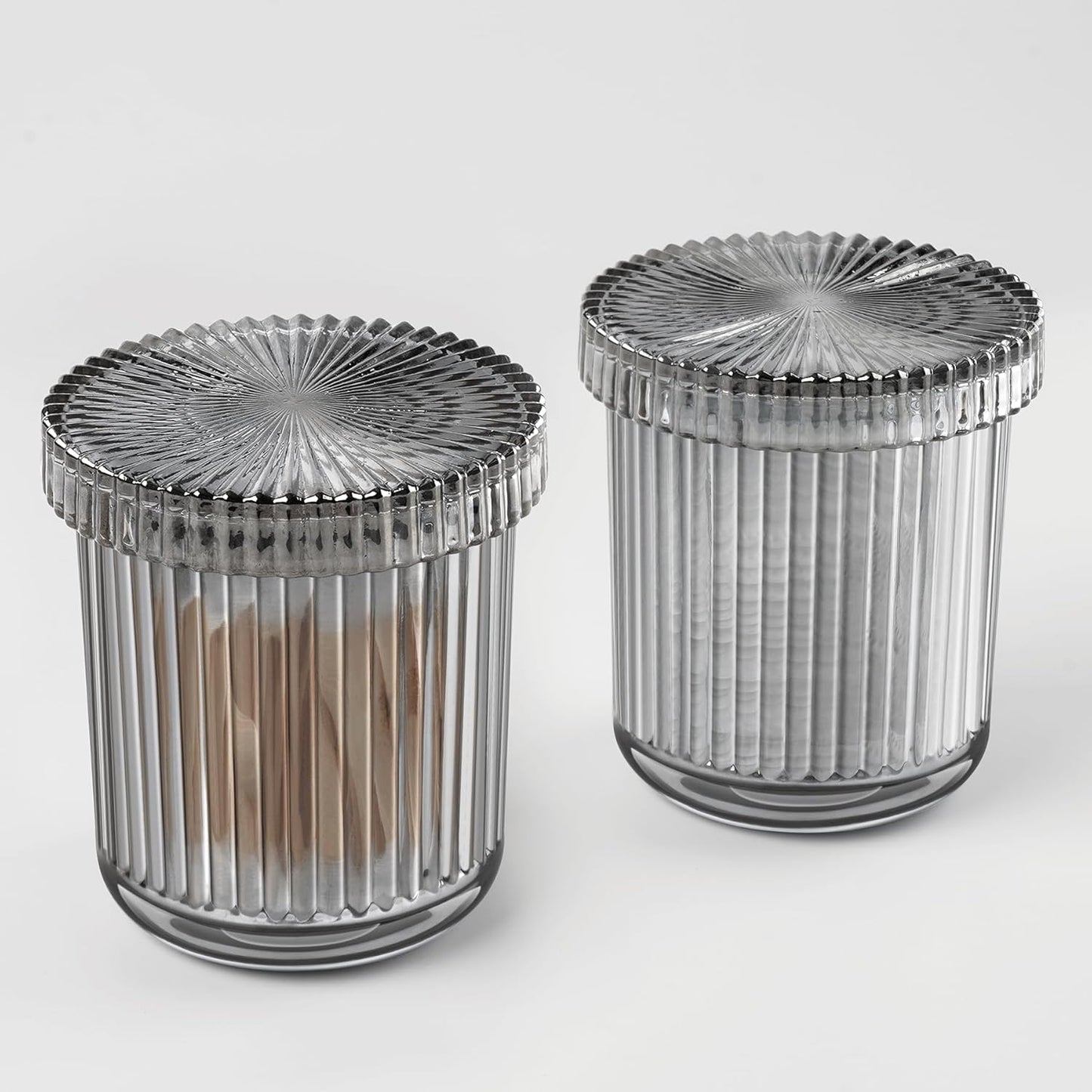 2 Pack Qtip Holder - Apothecary Jars with Lids, Bathroom Organizers and Storage Canister for Cotton Balls,Swabs,Floss Picks,Hair Ties,Clear Glass Vintage Bathroom Decor Jar Set (Gray)