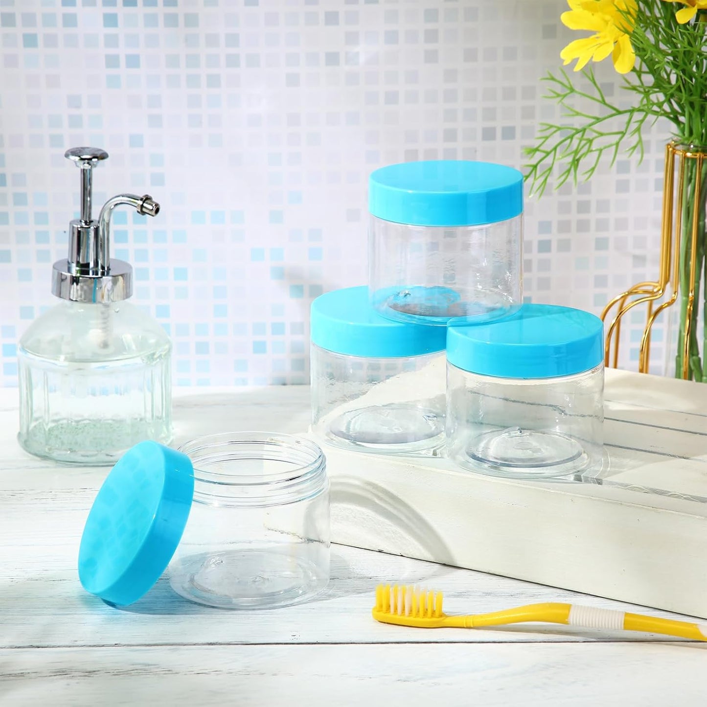 SATINIOR 24 Pieces Empty Clear Plastic Jars with Lids Round Storage Containers Wide Mouth for Beauty Product Cosmetic Cream Lotion Liquid Butter Craft and Food(Blue Lid,6 oz)