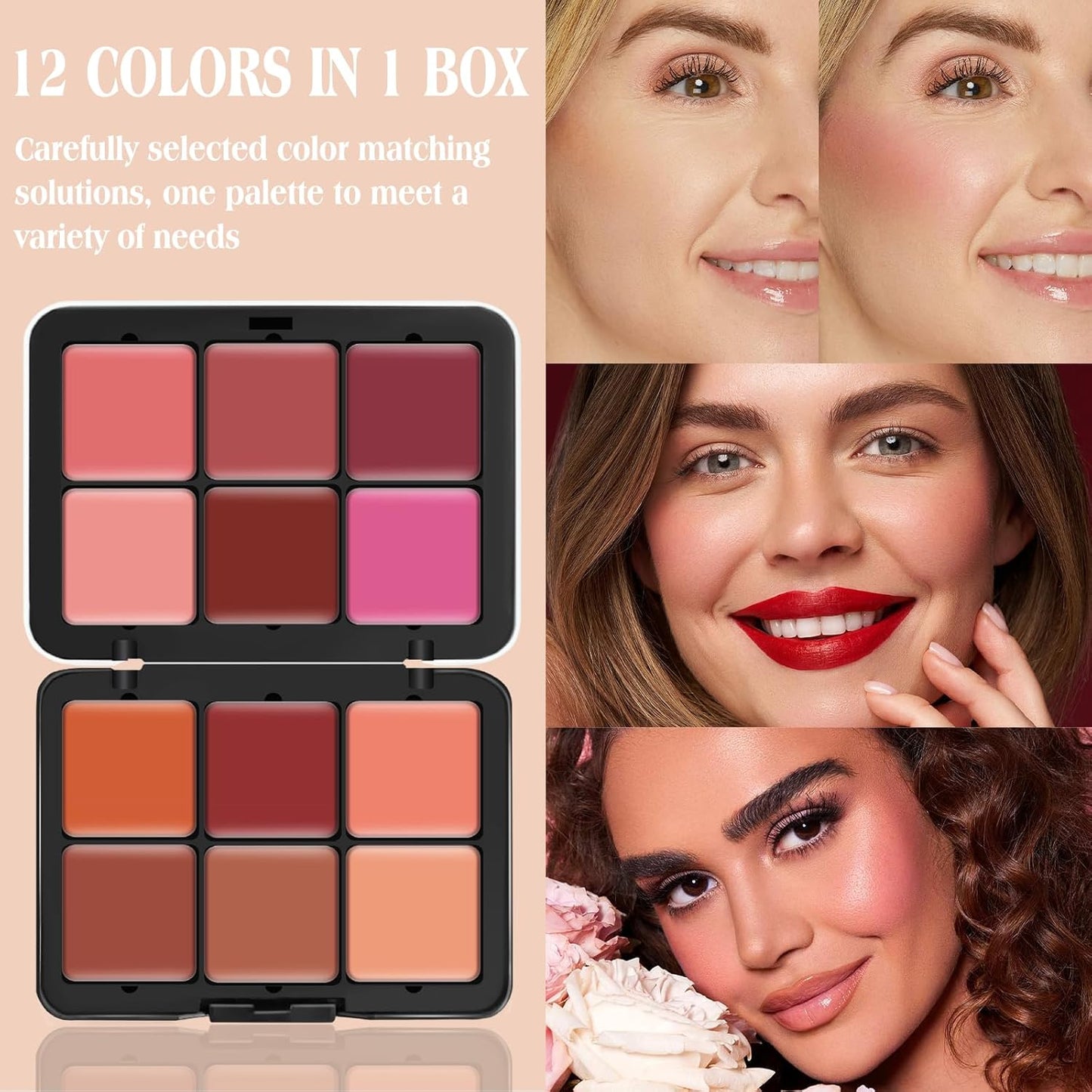 12 Colors Cream [Blush] Makeup Palette for Cheeks - Multi-functional Blush Makeup Palette with Brush, Natural Matte Long Wearing, Waterproof Blendable Face Makeup Palette (#01)