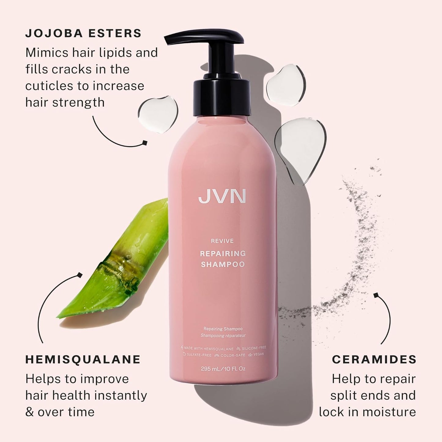 JVN Revive Repairing Shampoo, Instantly Strengthening and Deeply Nourishing Shampoo for Damaged Hair, Dry Hair Shampoo, Sulfate-Free, Silicone-Free, (10 Fl Oz)