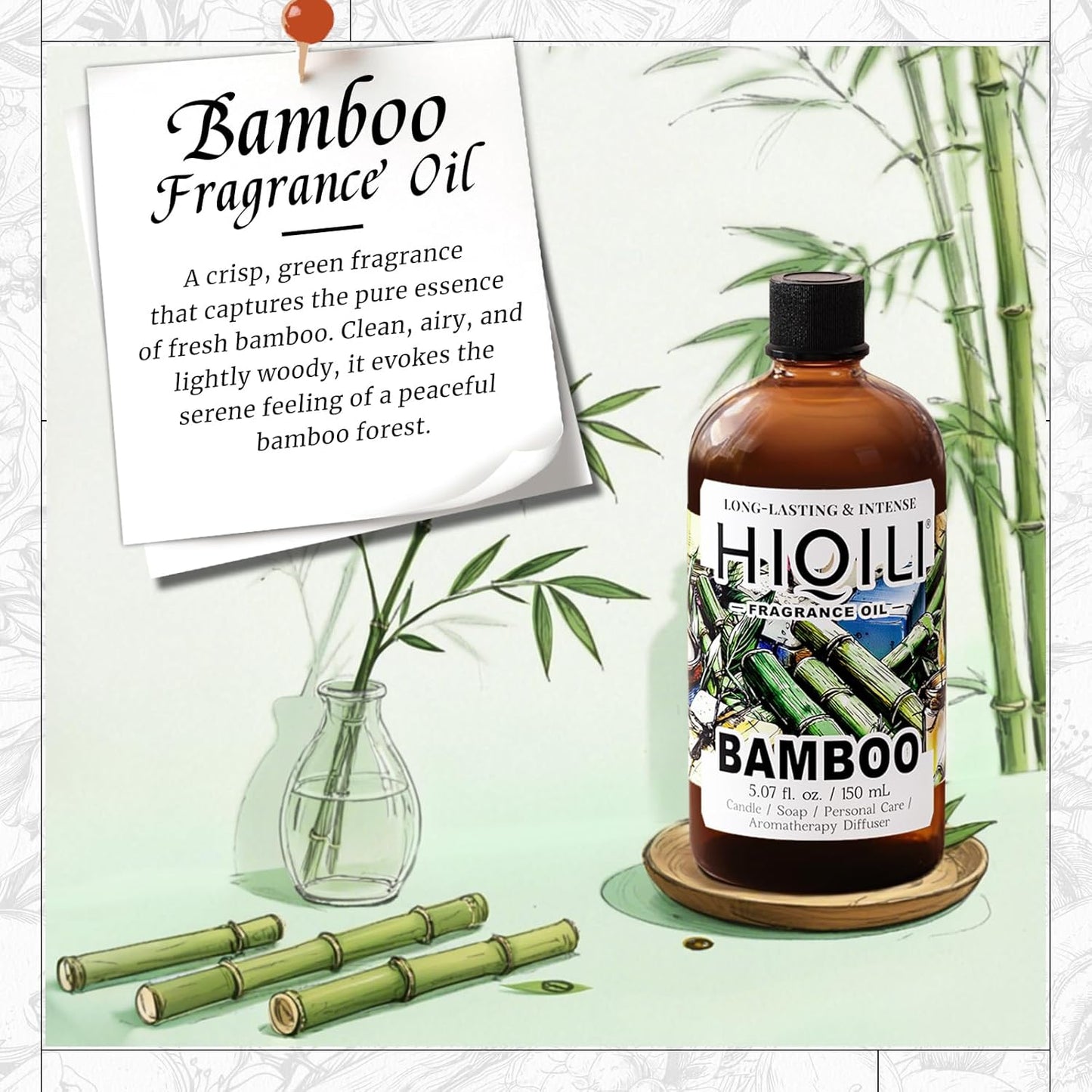 HIQILI Bamboo Fragrance Oil for Scent Diffuser, Idea for Candle & Soap Making, DIY Room Air Fresheners, New Car Scent - 5.07 Fl Oz