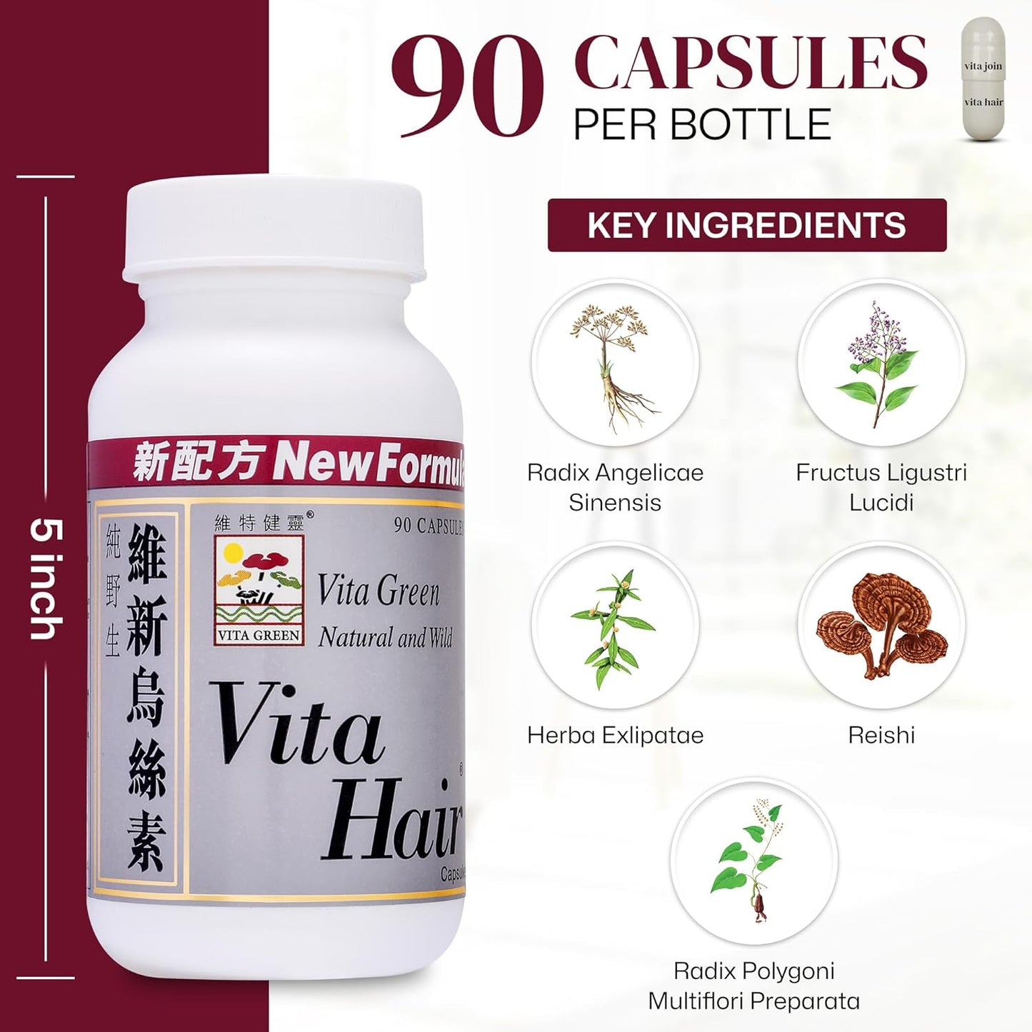 Vita Hair Growth & Hair Loss Supplement - 100% Natural Herbs Potent Formula for Graying Thinning Hair - Stimulate New Hair Follicles - 90 Capsules