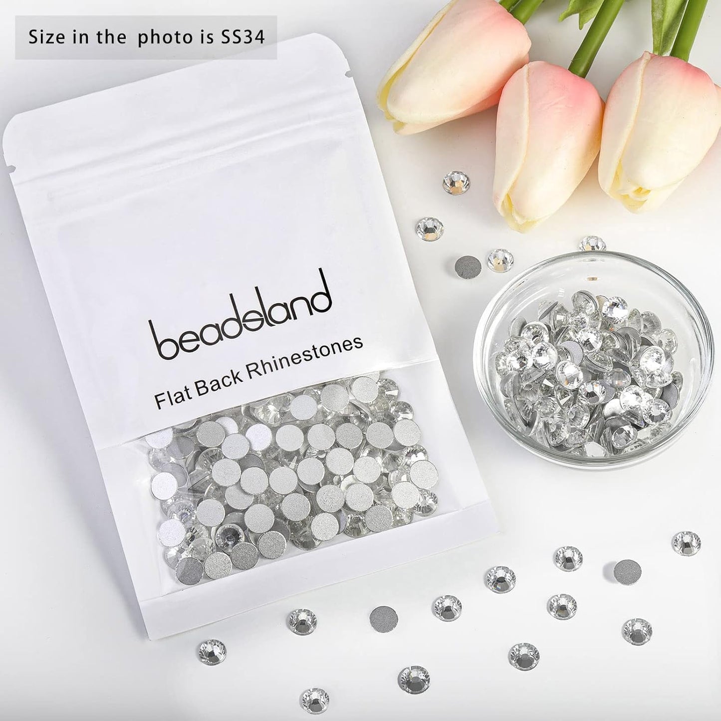 beadsland Flat Back Crystal Rhinestones Round Gems for Nail Art and Craft Glue Fix, Crystal (7.1-7.3mm) SS34/288pcs