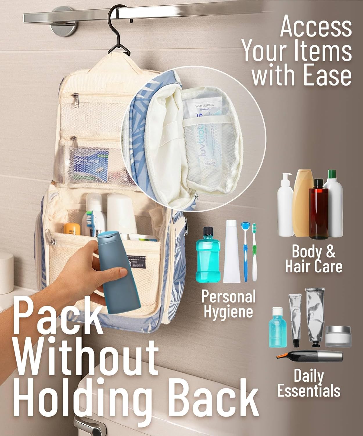 D&D Hanging Travel Toiletry Bag for Men and Women – Large Cosmetics, Makeup and Toiletries Organizer Kit with 10 Compartments, YKK Zippers, XXL Metal Swivel Hook, Water-Resistant Nylon