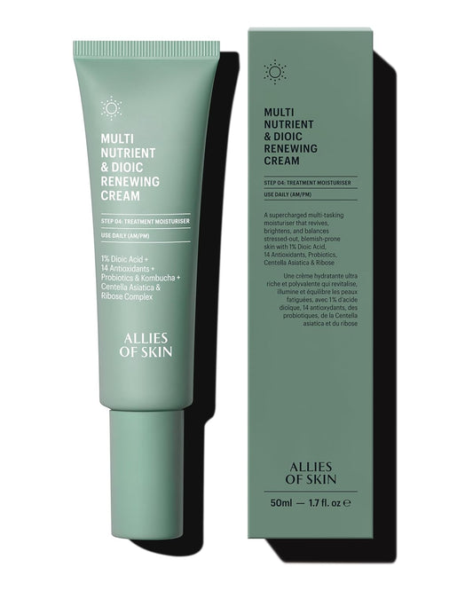 Allies of Skin Multi Nutrient & Dioic Renewing Cream: Moisturizer with Dioic Acid, 14 Antioxidants, Probiotics & Centella Asiatica. Targets Imperfections, Brightens & Protects Skin 1.7 oz / 50 ml