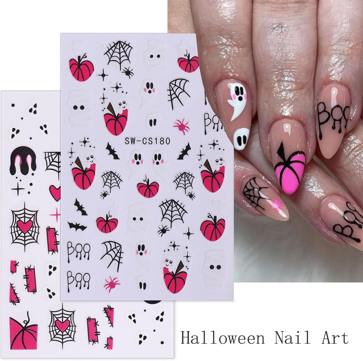 8 Sheets Halloween Nail Art Stickers Horror Ghost Spider Scorpion Nail Design Stickers Decals 3D Self Adhesive Pumpkin Spider Web Gothic Nail Decals for Women DIY Halloween Nail Decoration Supply