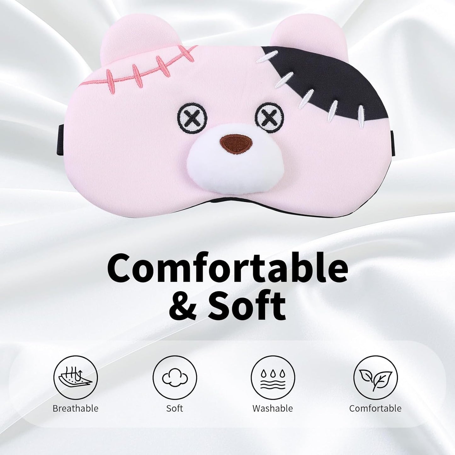 PERFECTSIGHT Sleep Eye Masks, Cute Plush Sleep Eye Cover Lightweight Adjustable Eyeshade Faux Fur Mask Cover for Women Men Kids Sleep Travel Nap, Pink Pudding Bear