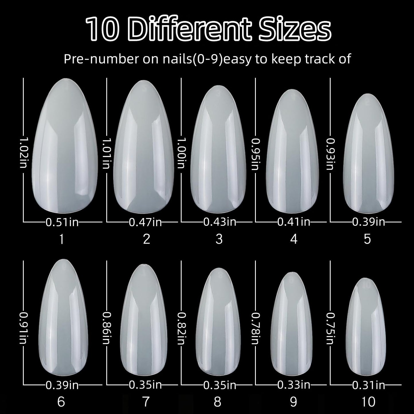 1000PCS Short Almond Nail Tips - Acrylic Nails Tips, ToouYoun 10 Sizes Soft Gel Full Cover Nail Tips with Box for Nail Art Salons and Home DIY