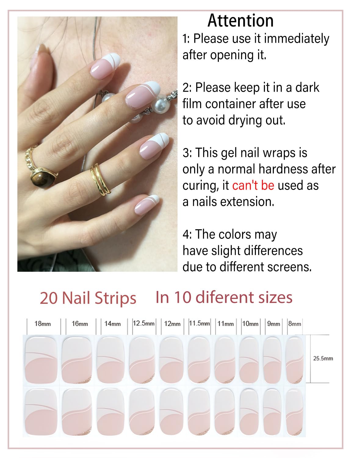 Semi Cured Gel Nail Strips, Irregular French, Glitter 20pcs Gel Nails Sticker for Home Nails DIY