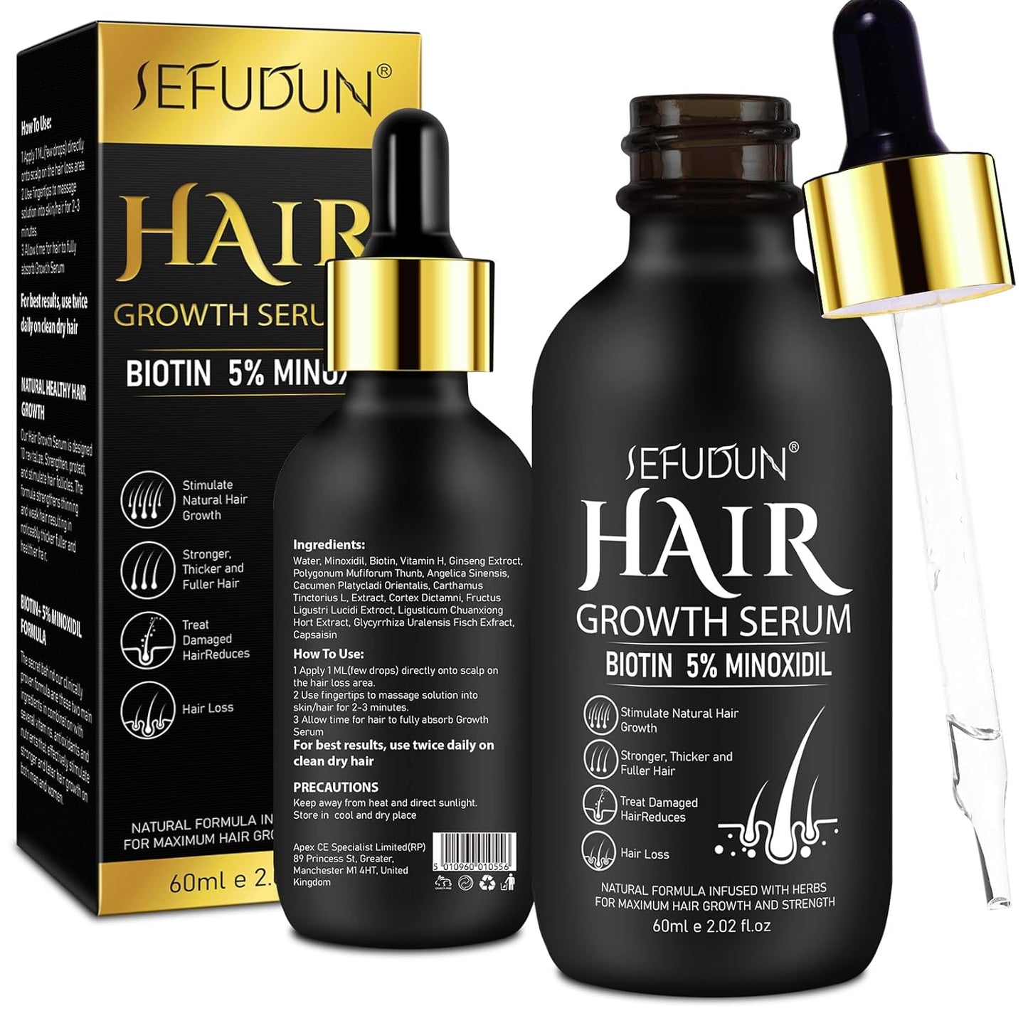 2Pack 5% Minoxidil for Men and Women Hair Growth Serum, Biotin Infused Hair Regrowth Treatment for Beard & Scalp Hair Loss & Thinning, Promotes Thicker, Fuller, Healthier Hair - 4.04 oz