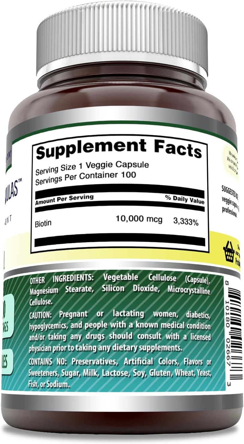 Amazing Formulas Biotin 10000 mcg Veggie Capsules | Vitamin B7 Supplement | Non-GMO | Gluten Free | Made in USA (1 Pack | 100 Count)
