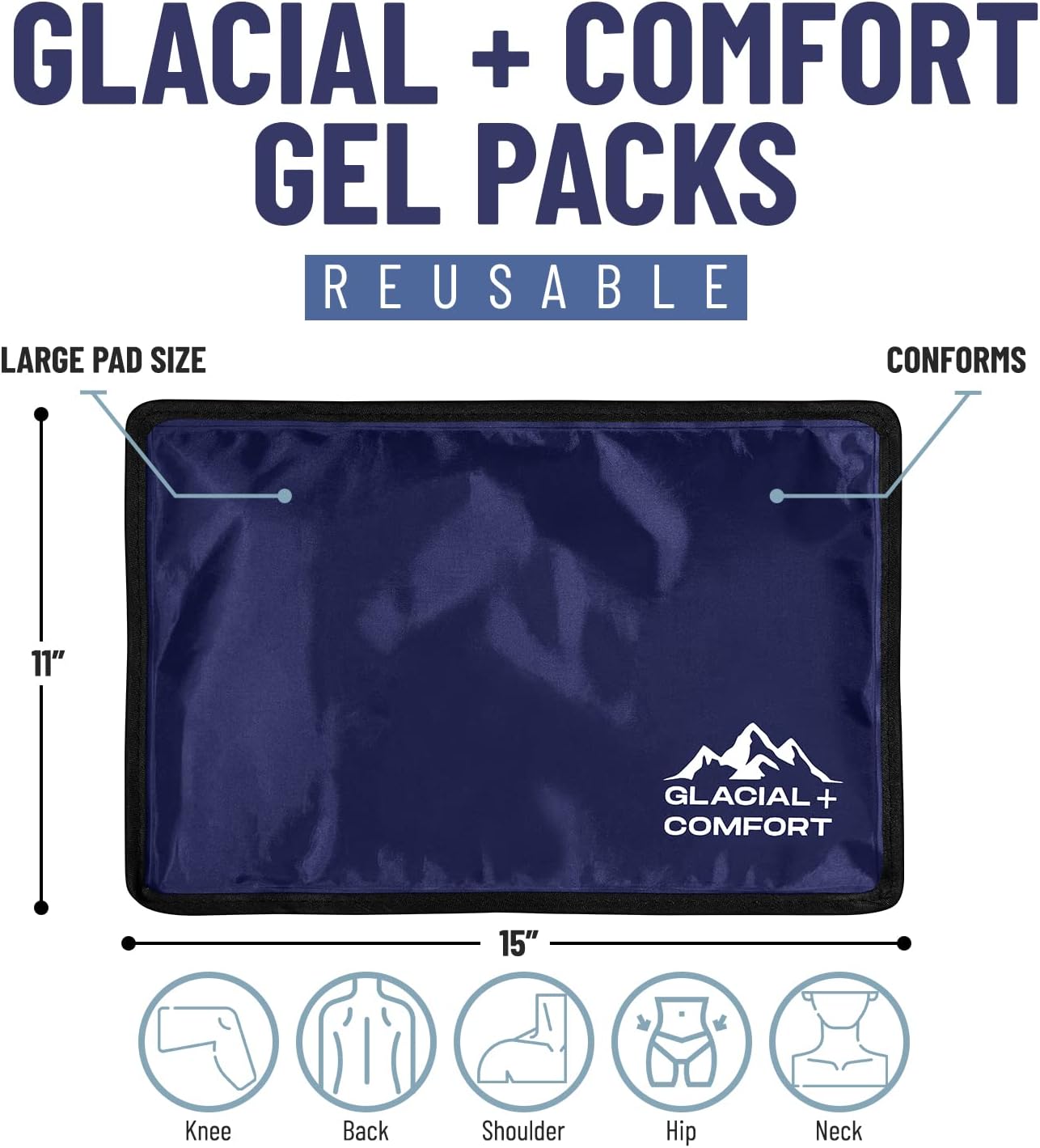 Glacial Comfort Large Gel Ice Pack for Injuries Reusable - (15" x 11") Cold Pads for Back Pain, Hip, Knee, Shoulder, Muscle Strains, Migraine & Postpartum Recovery, Flex Technology - Compression Pad.