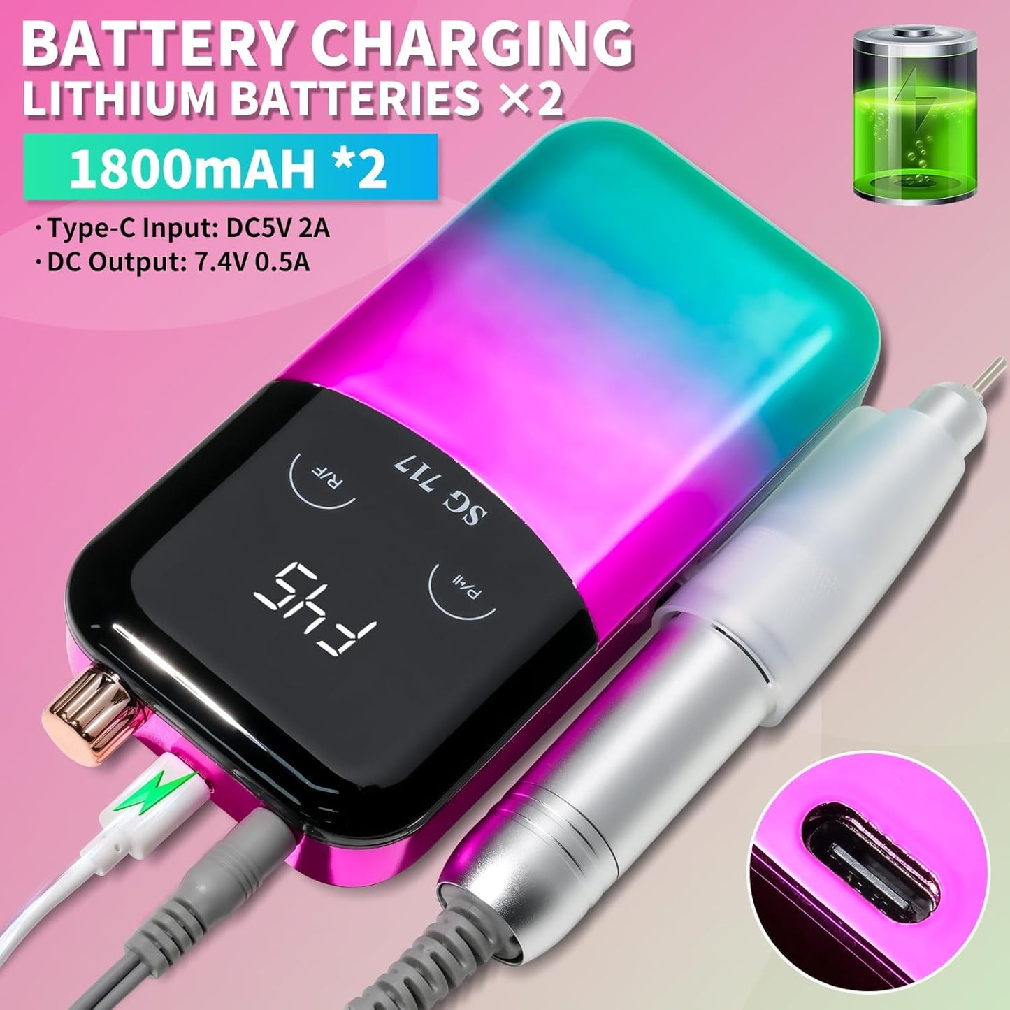 Professional Electric Nail Drill Machine,45000RPM Portable Rechargeable Efile Nail Drill Cordless,Electric Nail File Kit for Women (Gradient Green)