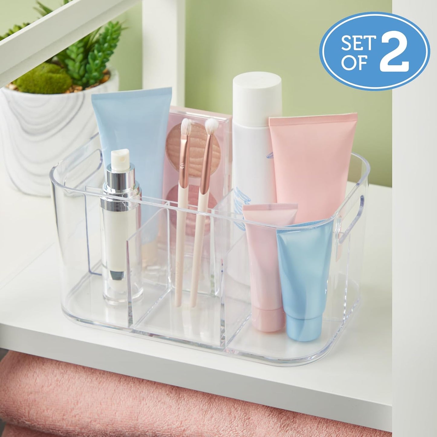 STORi Bliss 5-Compartment Plastic Cosmetics Storage Organizer, Set of 2 | Clear | Rectangular Divided Makeup Bin & Vanity Caddy with Pass-Through Handles | Round Corner Design | Made in USA