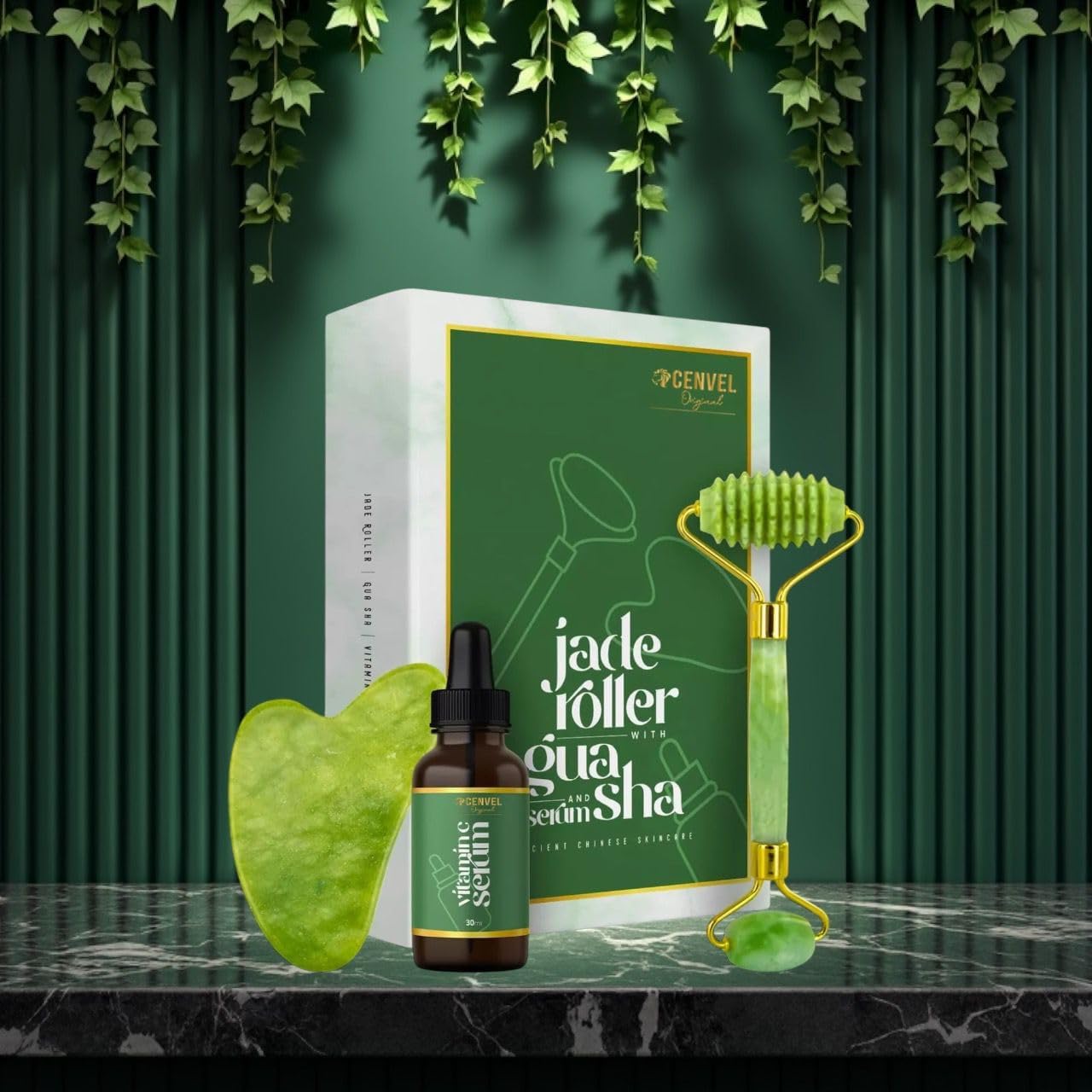 100% Real Crystal Jade Stone Roller and Gua Sha Set with Vitamin C Serum | Great for Eye Puffiness Treatment, Skin Tightening, Anti Aging, Rejuvenate Face & Neck | Great Gift for Women & Men (Green)