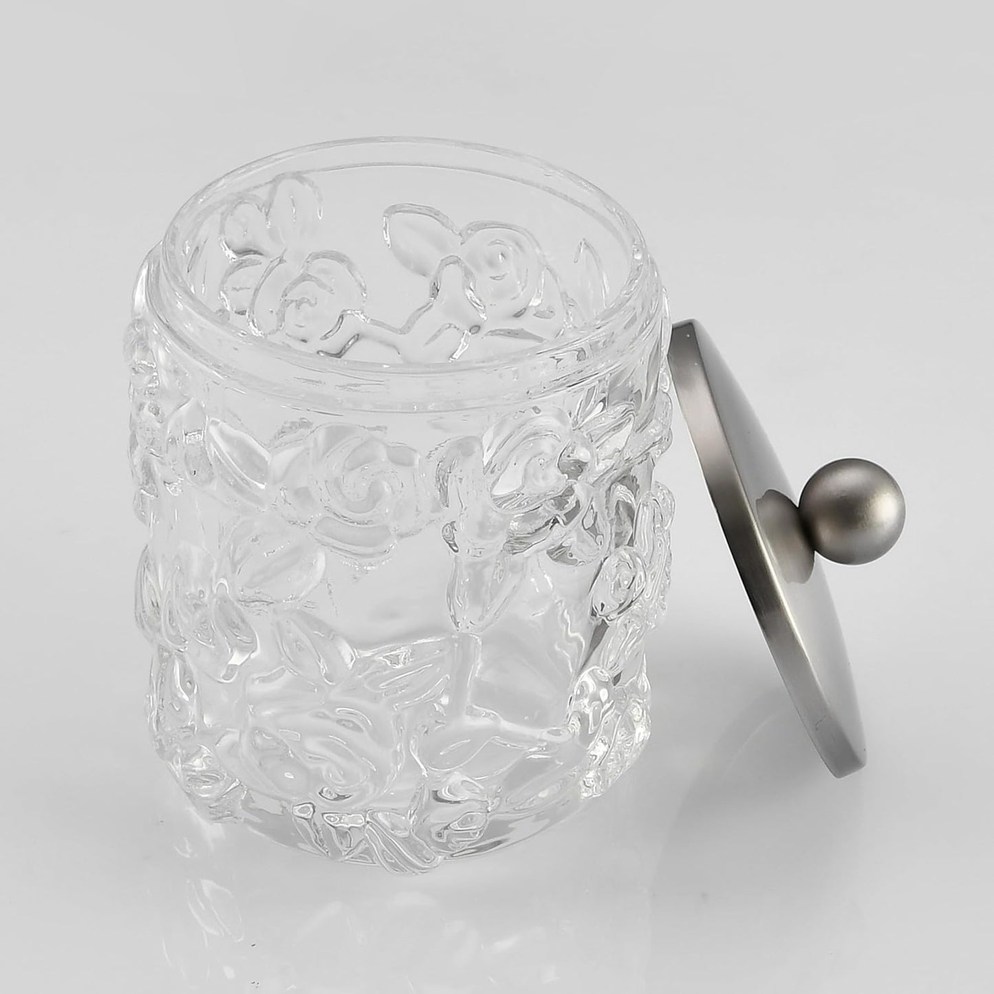 Home Glass Cotton Jar Holder Nickel Lid, Elegant Bathroom Storage Canister for Qtips, Cotton Balls, Floss, Makeup Organizer, Vanity Bathroom Organization (UPDATED NICKEL)