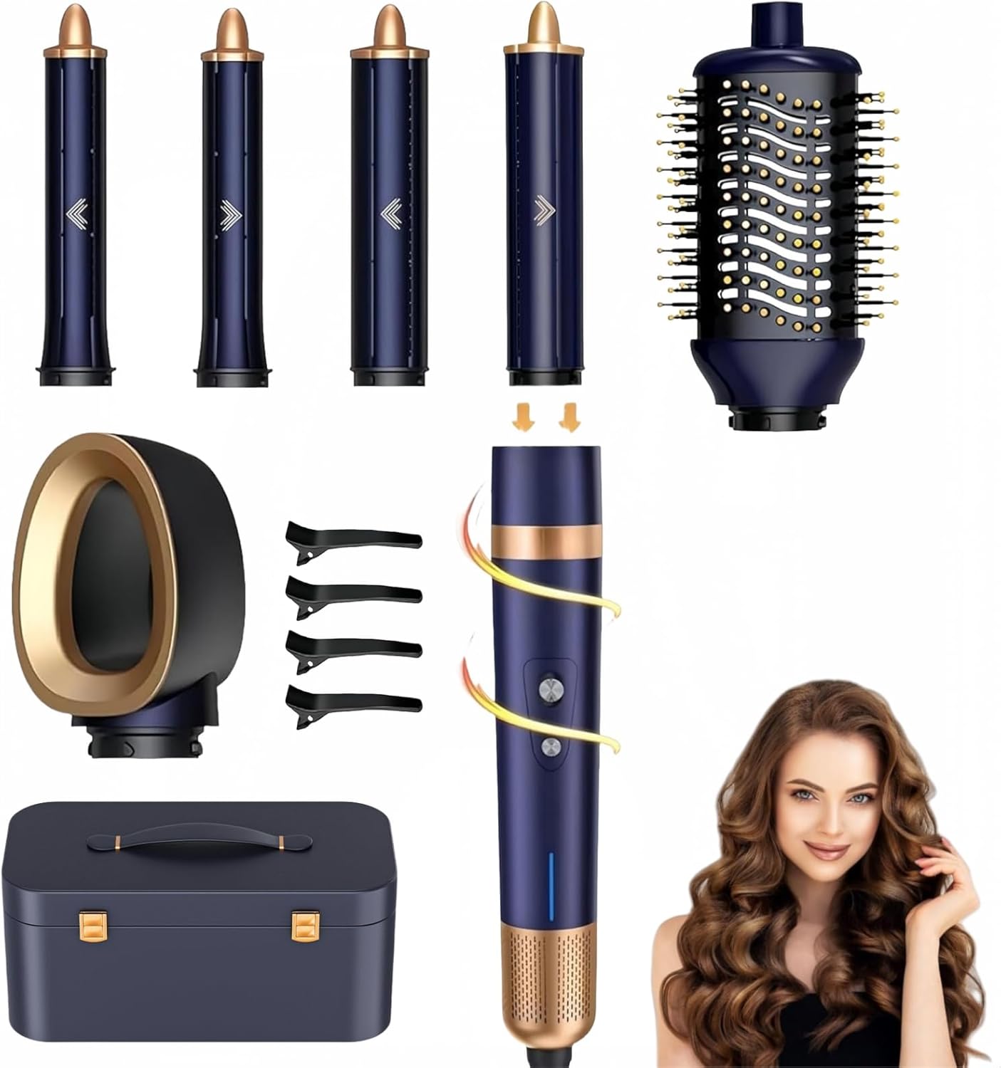 T-GOGO Hair Dryer Brush Professional: 6 in 1 Hot Air Hair Styler & Dryer Set, Powerful Hair Air Curling Iron High-Speed Negative Ionic Blow Dryer, Auto-Wrap, No Heat Damage (Dark Blue)
