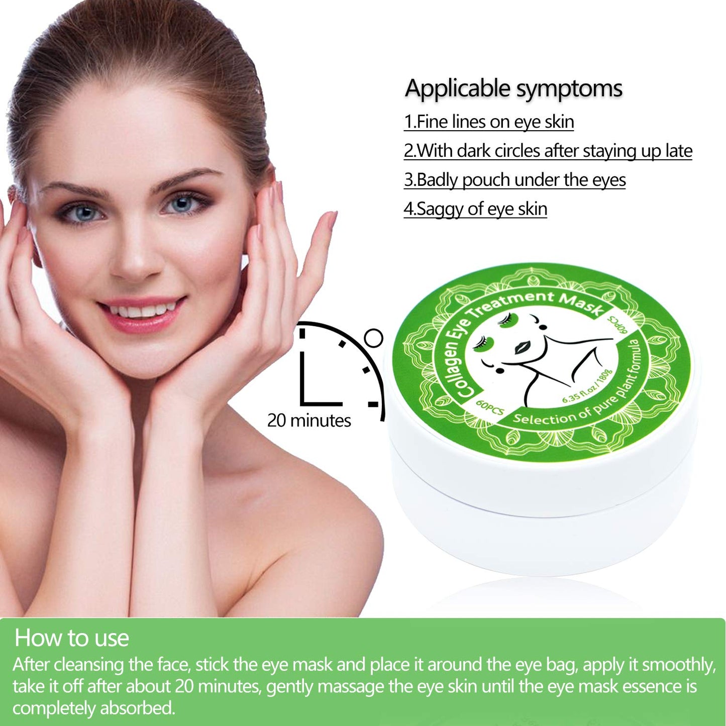 Under Eye Patches for Puffy Eyes: 60PCS Collagen Eye Gels Pads - Green Seaweed Under Eye Mask - Reduce Dark Circles & Bags - Skin Eye Care Products