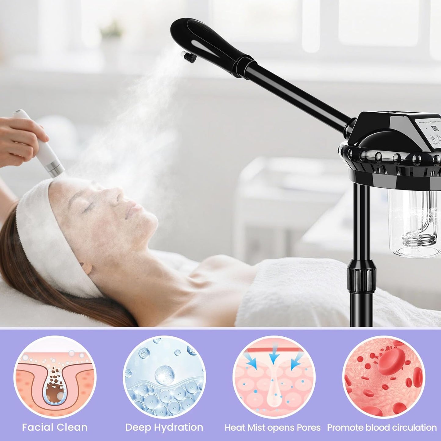 Professional Facial Steamer, Facial Steamer on Wheels, Face Steamer with Time Setting, Stand Face Steamer Adjustable Height for Spa, Salon and at Home use