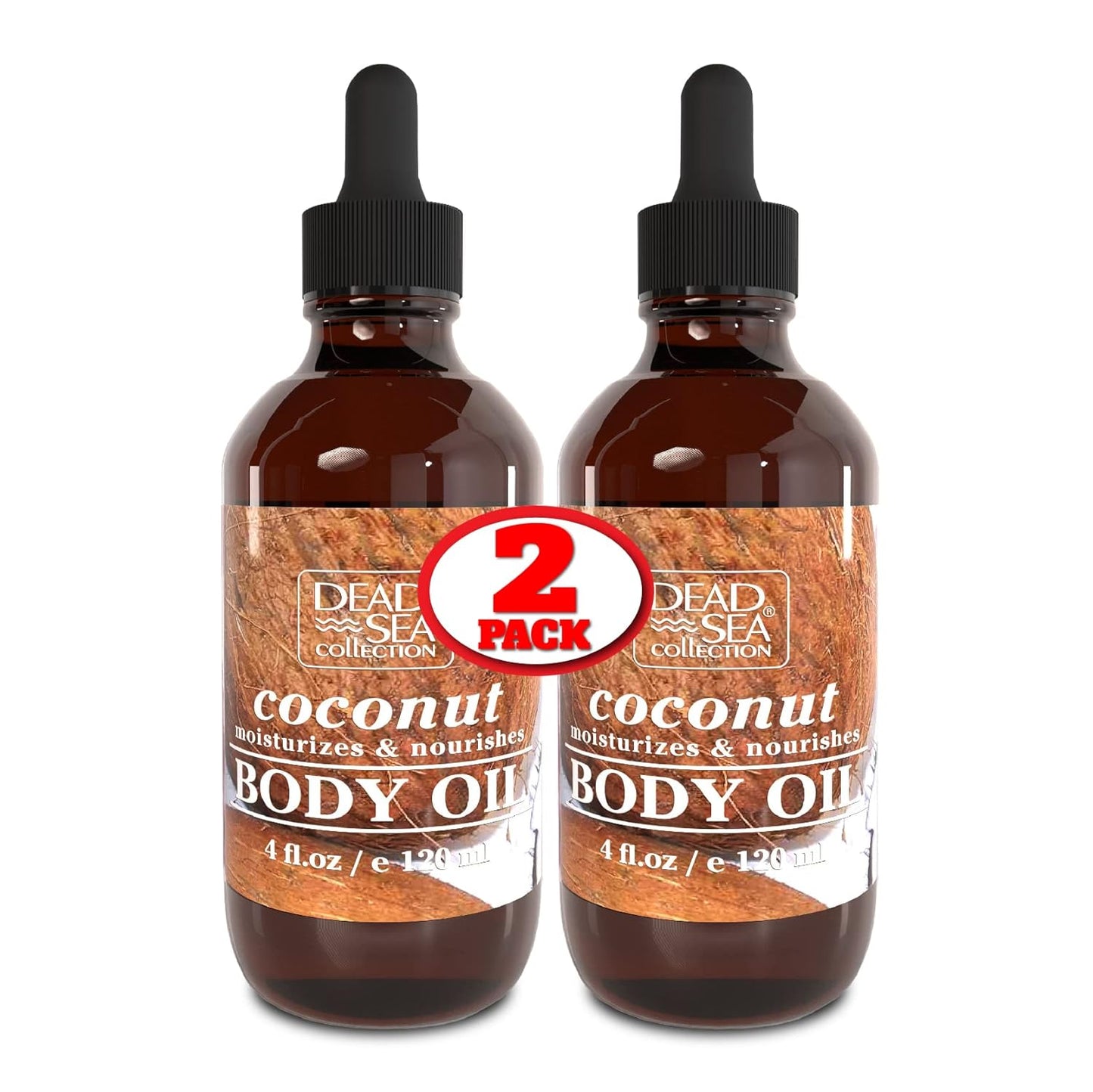 Dead Sea Collection Body Oil for Dry Skin- Scented Coconut – Vitamin E Moisturizing & Nourishing, Anti-Aging & Skin Elasticity Support for Face Pack of 2 (4 Fl. Oz Each)
