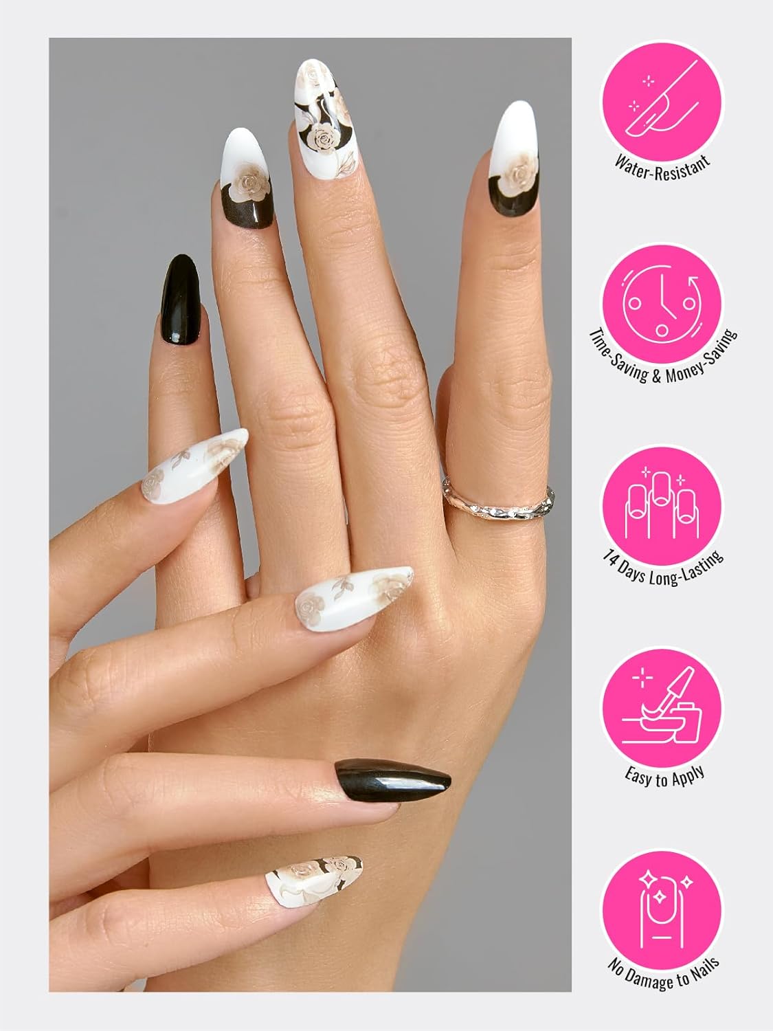 Semi Cured Gel Nail Strips, 30 pcs Gel Nail Wraps, Easy to Apply, Salon-Quality, 2 Weeks Long Lasting (Noir Gold Petal Party)