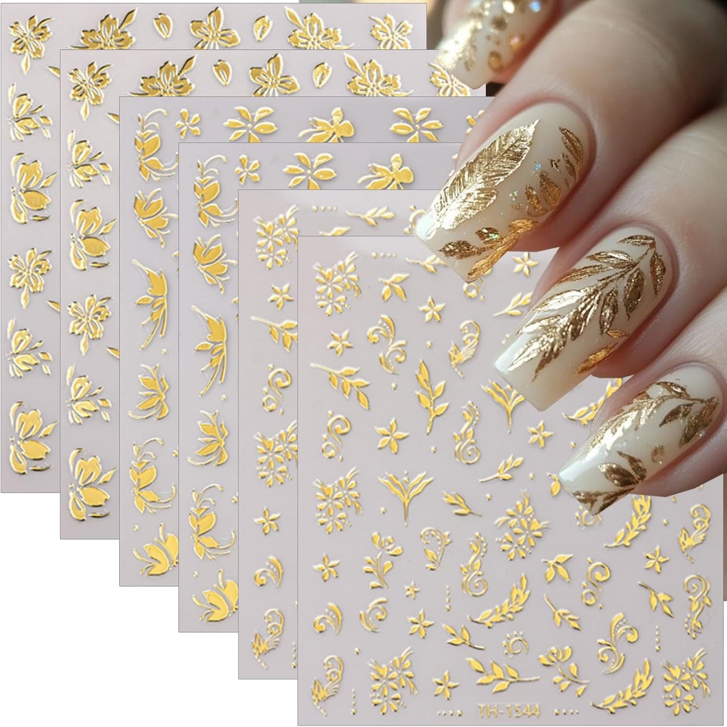 6 Sheets Gold Nail Stickers 3D Metallic Flower Leaf Nail Art Stickers 3D Self Adhesive Gold Nails Designs Accessories Cherry Blossom Flower Nails Decals for Women Girls DIY Summer Manicure Decoration