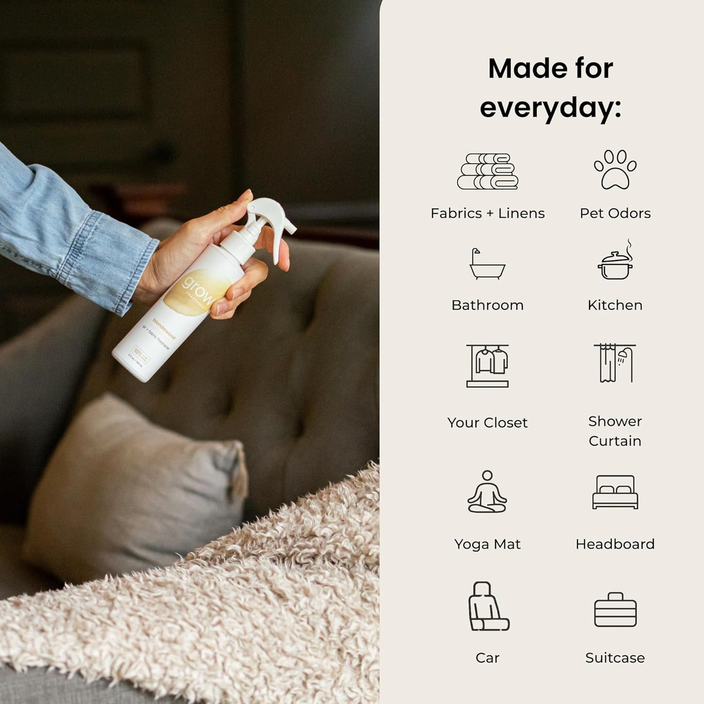 Grow Fragrance Scented Fabric and Room Air Freshener Spray - Certified Non-Toxic, 100% Plant-Based Essential Oils - 5 oz (Blondewood + Woodland Sage 2-Count)