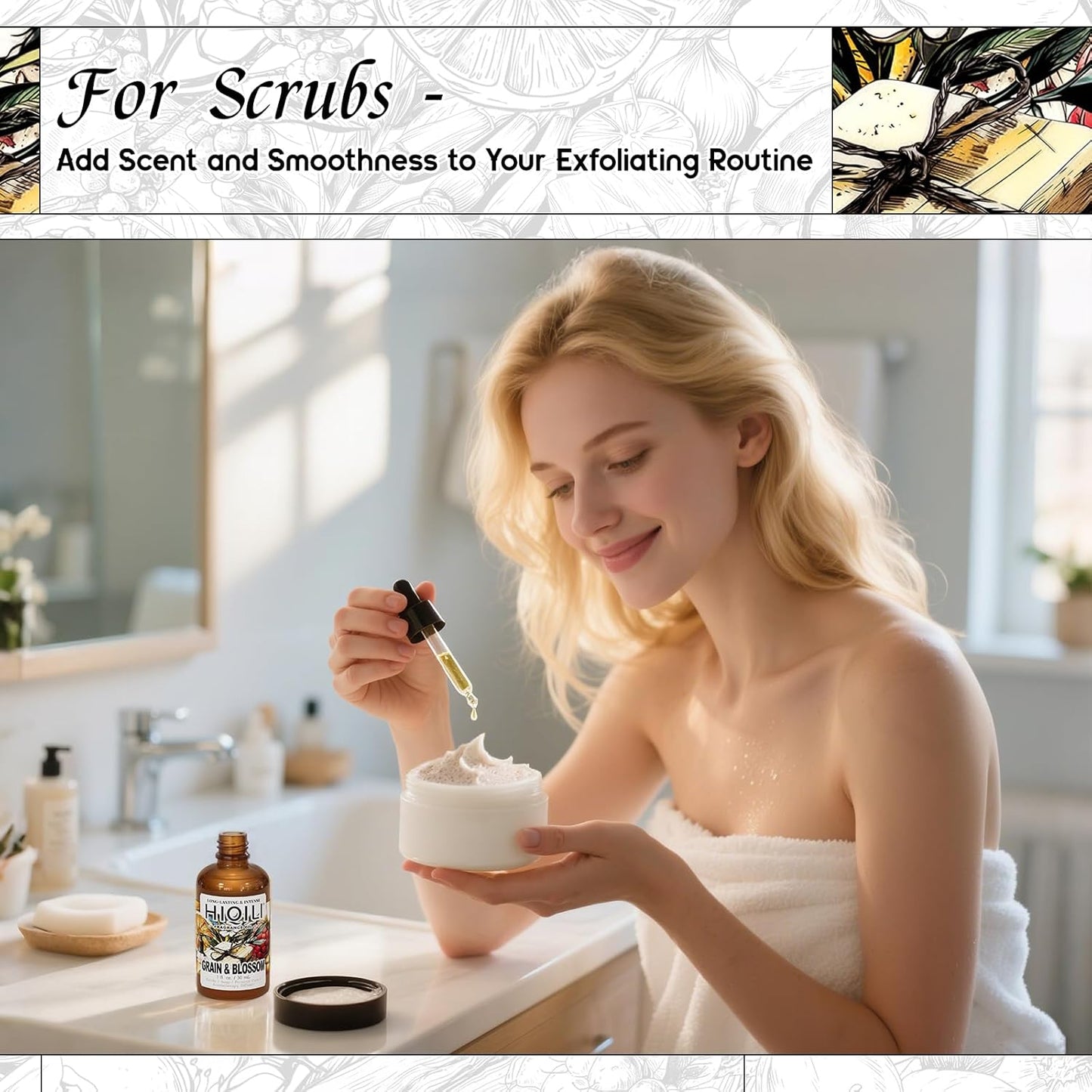 HIQILI Grain & Blossom Fragrance Oil for Diffuser, Candle, Solid Perfume Making, Fresh Floral Scents, Body & Skin Care - 1 Fl Oz