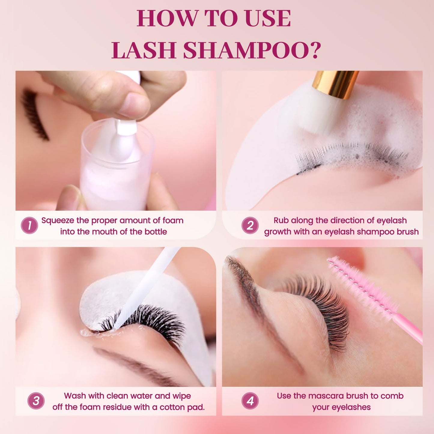 Buqikma Lash Shampoo Kit - Lash Cleaning for Eyelash Extension, 60Ml/2.11fl.Oz Eyelash with Lash Shampoo Brushes Gentle Lash Extension Cleanser for Professional Salon Use and Home Use (2 Pcs)