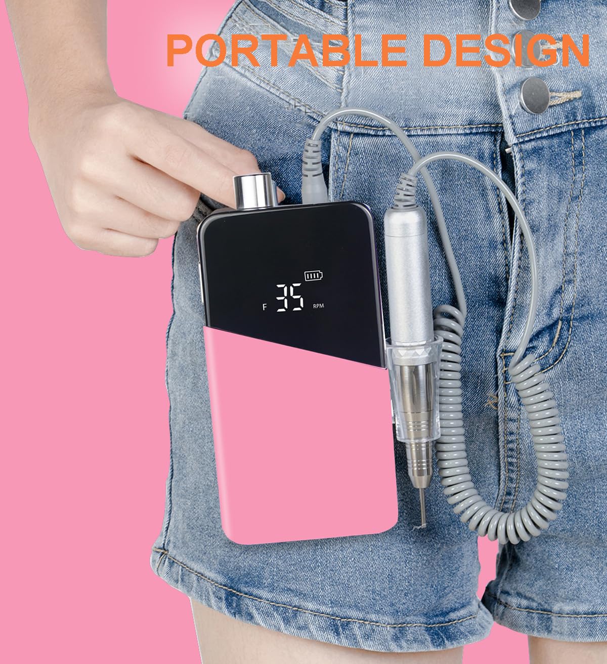 Professional Cordless Nail Drill Machine - Rechargeable Electric Nail File, 35,000 RPM Efile for Acrylic Gel Nails, Pedicure & Manicure Tools with LCD Screen, 13 Drill Bits (Pink)