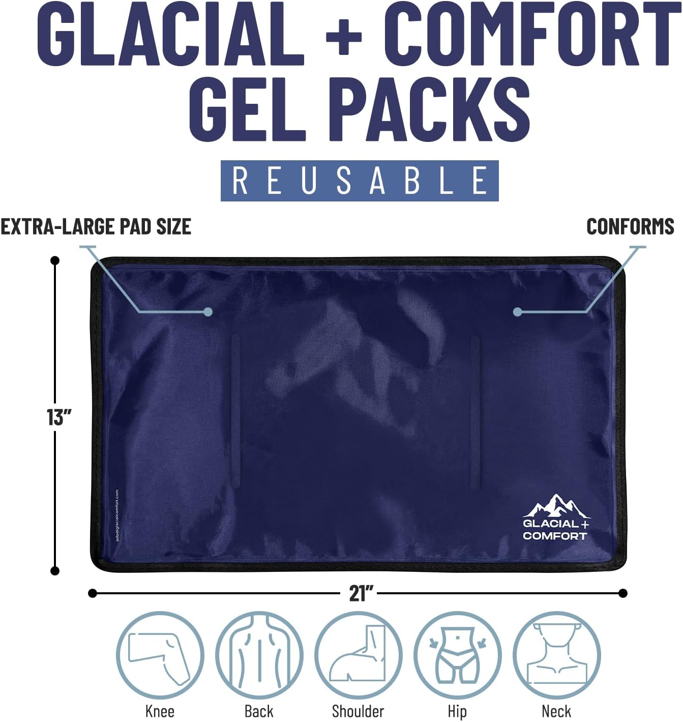 Glacial Comfort Gel Ice Pack for Back Pain - (21''x13'') Reusable Cold Pads Hip, Knee, Shoulder Injuries, Muscle Strains, Migraine & Postpartum Recovery with Flex Technology Compression Pad, Blue