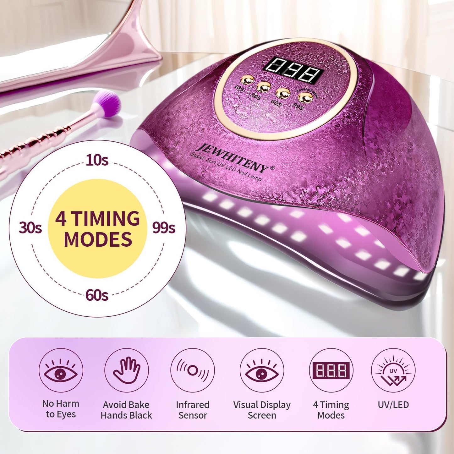 JEWHITENY Pink U V Gel Nail Lamp:LED Nails Curing Lamp with Automatic Sensor & 4 Timers Nail Light with 66 Lamp Beads