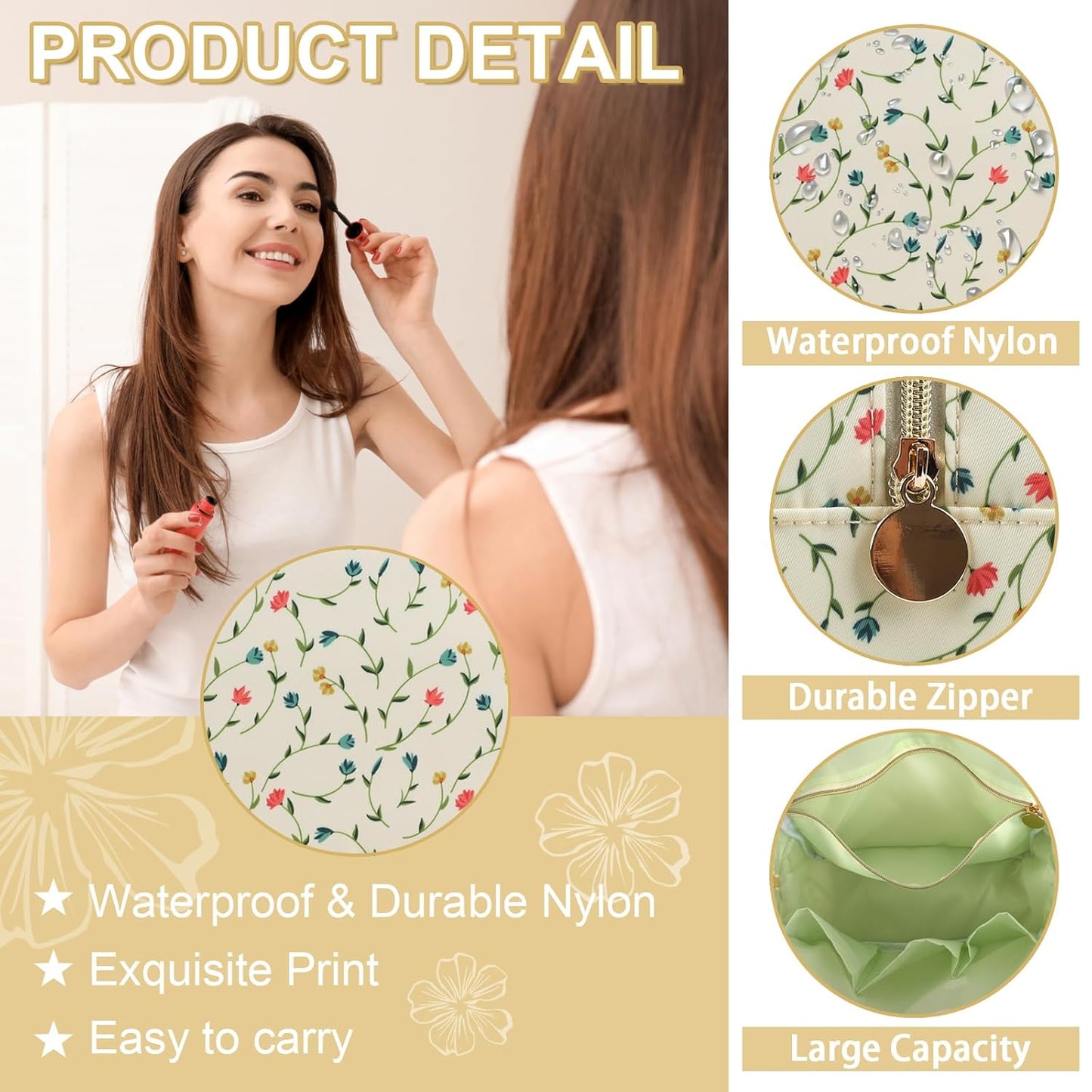 Waterproof Large Floral Makeup Bag Pouch,Nylon Travel Toiletry Storage Bag Preppy Flower Cosmetic Bag for Women Girl,Large Capacity Makeup Organizer Bag Cute Zipper Pouch(L Light Yellow-Flowers)