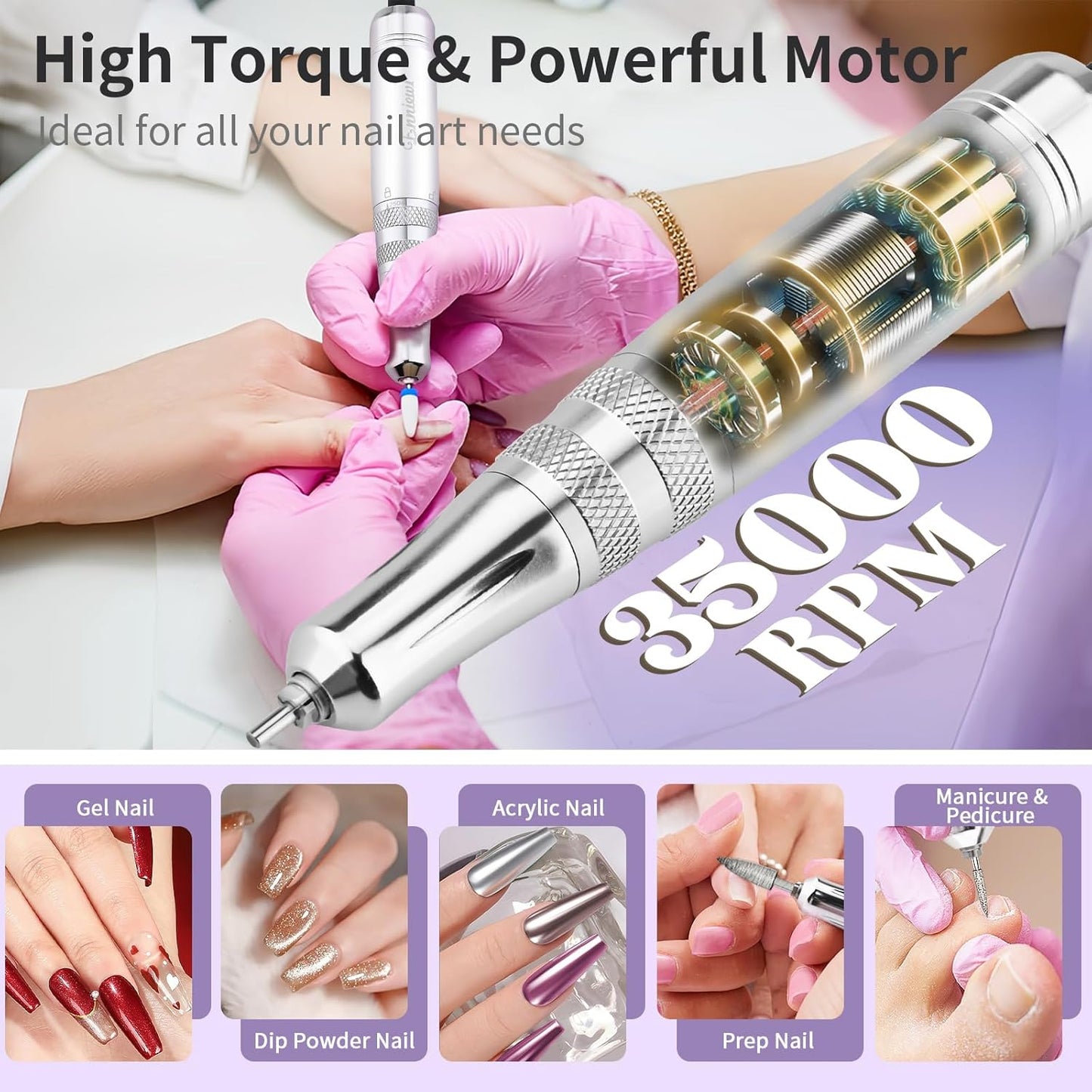 Electric Nail Drill File, Professional Portable Nails Drills Kit with Rechargeable Stand 7 Bits, Cordless E Filer for Gel Acrylic uñas Nails Remover Home Salon Manicure Pedicure Tools, Purple