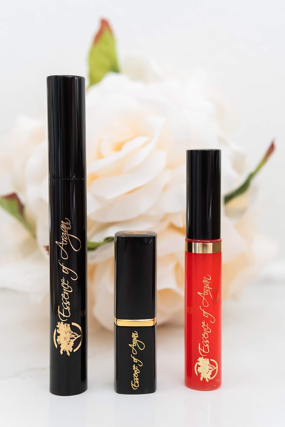 Essence of Argan Moisturizing Lipstick, Nourishing Lip Gloss & Lash Conditioner Mascara with 100% Pure Organic ECOCert Argan Oil - Voluptuous Sexy Lips & Longer Stronger Lashes Makeup Set