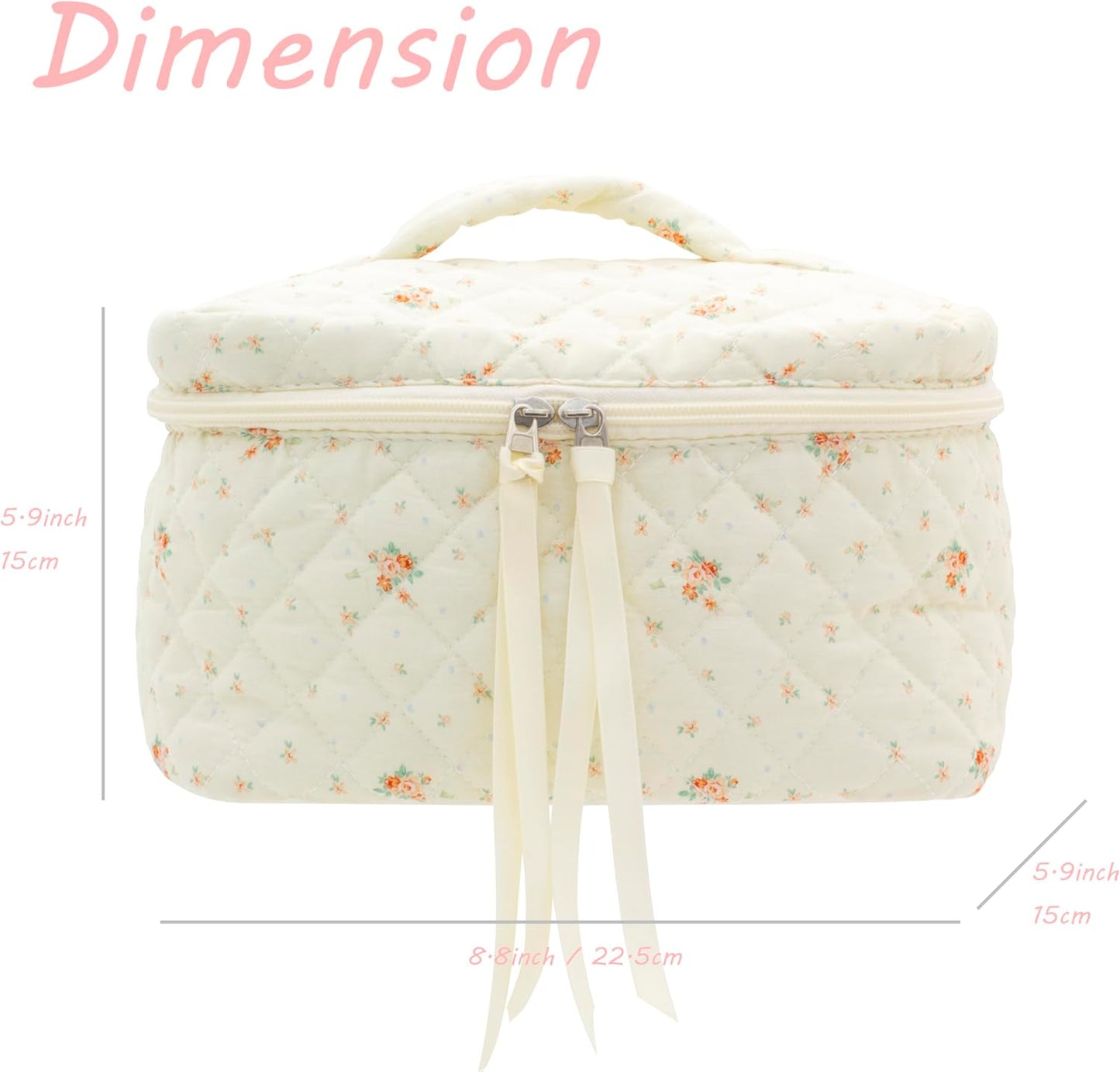 PAZIMIIK Quilted Makeup Bag Large Travel Zipper Soft Cosmetic Case for Women Girls Make Up,Floral White