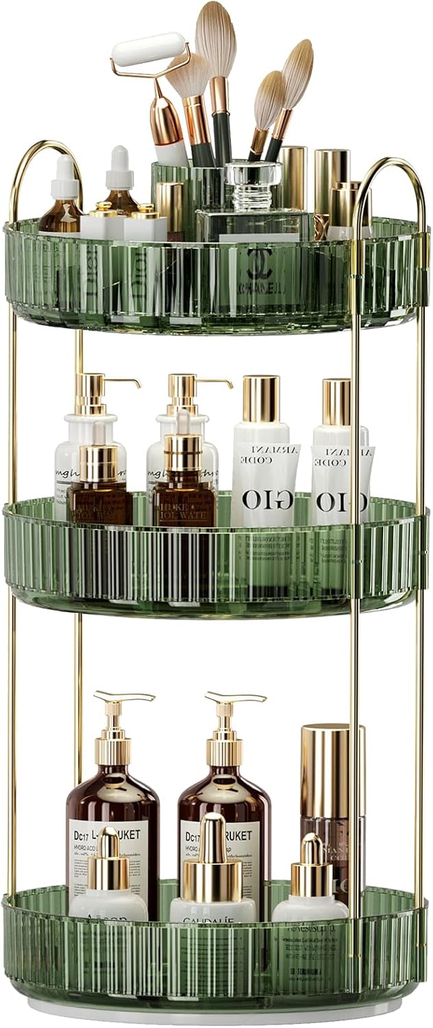 360° Rotating Makeup Organizer, Large-Capacity Skincare Make Up Storage 3 Tier Perfume Organizers Cosmetic Dresser Organizer with Makeup Brush Holder, Fits Bedroom, Bathroom, Vanity Shelf Countertop