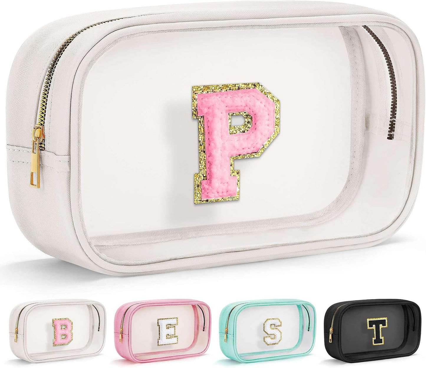 YOOLIFE Initial Make Up Bag Travel Toiletry Bag, Clear Makeup Bag Preppy Cosmetic Bag Clear Makeup Bags With Zipper Girlfriend Teacher 6 Year Old Girl Gifts Daughter Gifts Swim Gifts For Girls White P