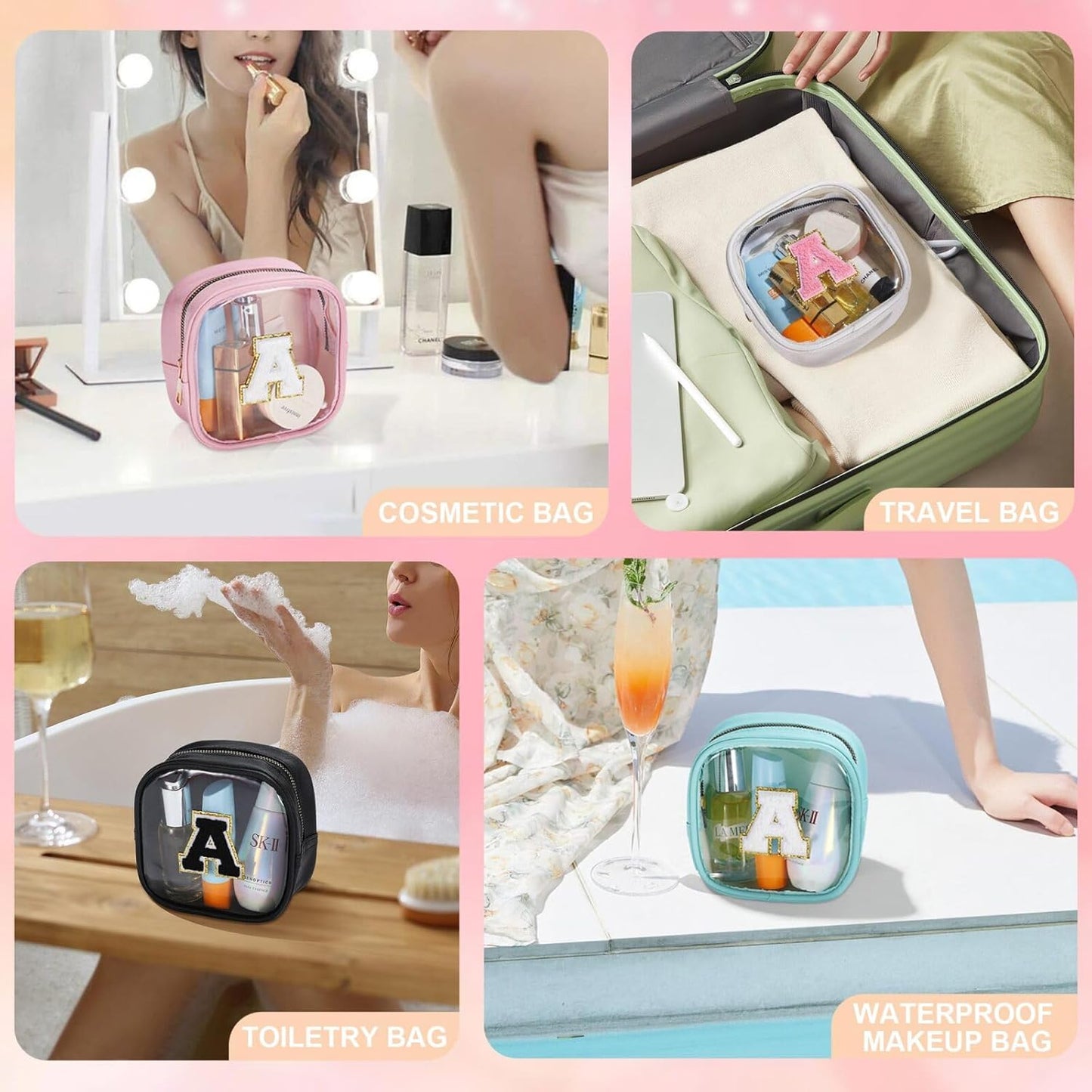 YOOLIFE Initial Makeup Bag Travel Toiletry Bag, Clear Makeup Bag Car Accessories For Women Clear Makeup Bags With Zipper Girlfriend Teacher 13 Year Old Girl Gifts Daughter Girl Gifts Mini Black M