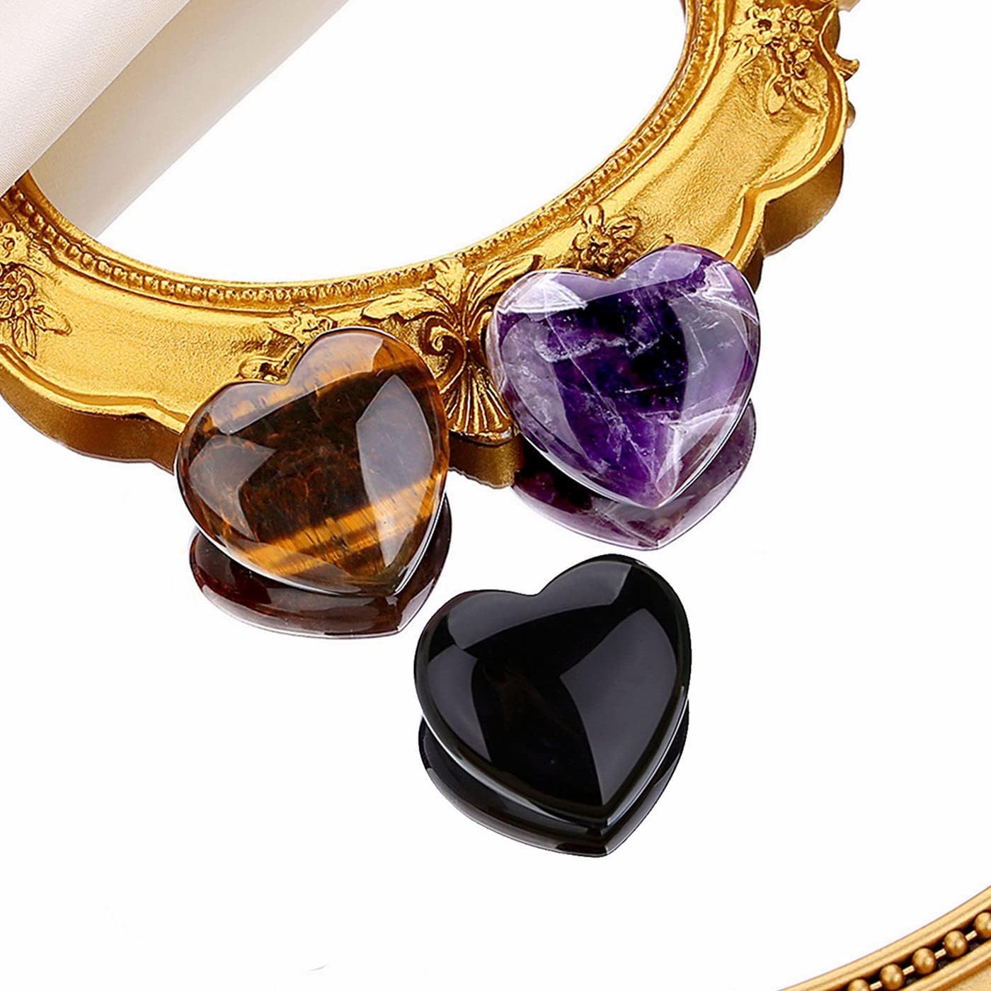 QINJIEJIE 3 PCS 1.2" Large Heart Crystals Amethyst Obsidian Tigers Eye Natural Healing Crystal Heart Shape Love Stones Polished Thumb Gemstones Therapy Reiki Energy Balancing Gifts