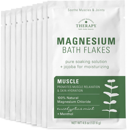 Village Naturals Therapy Muscle Magnesium Bath Flakes, Eucalyptus Mint Scent, 4.5 oz, Pack of 10