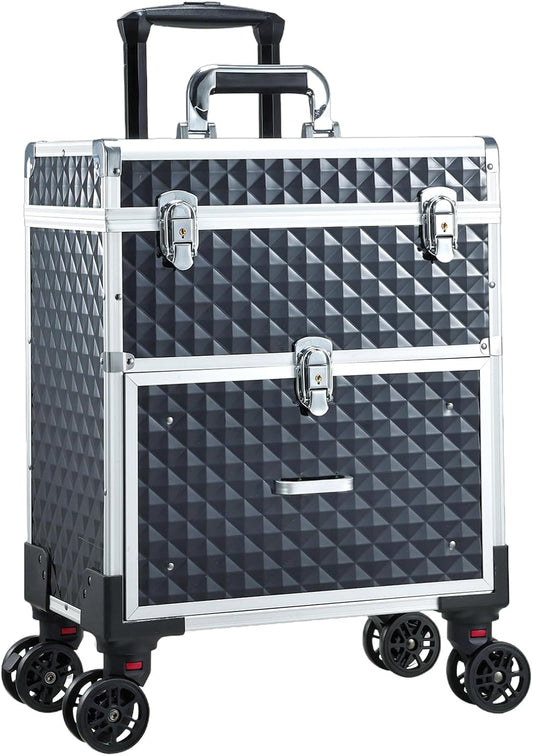 Adazzo Professional Rolling Makeup Case with Drawer for Makeup Artists Cosmetic Train Case Large Storage Case for Nail Technicians Cosmetology Case with Detachable Bag for Hairstylist Black