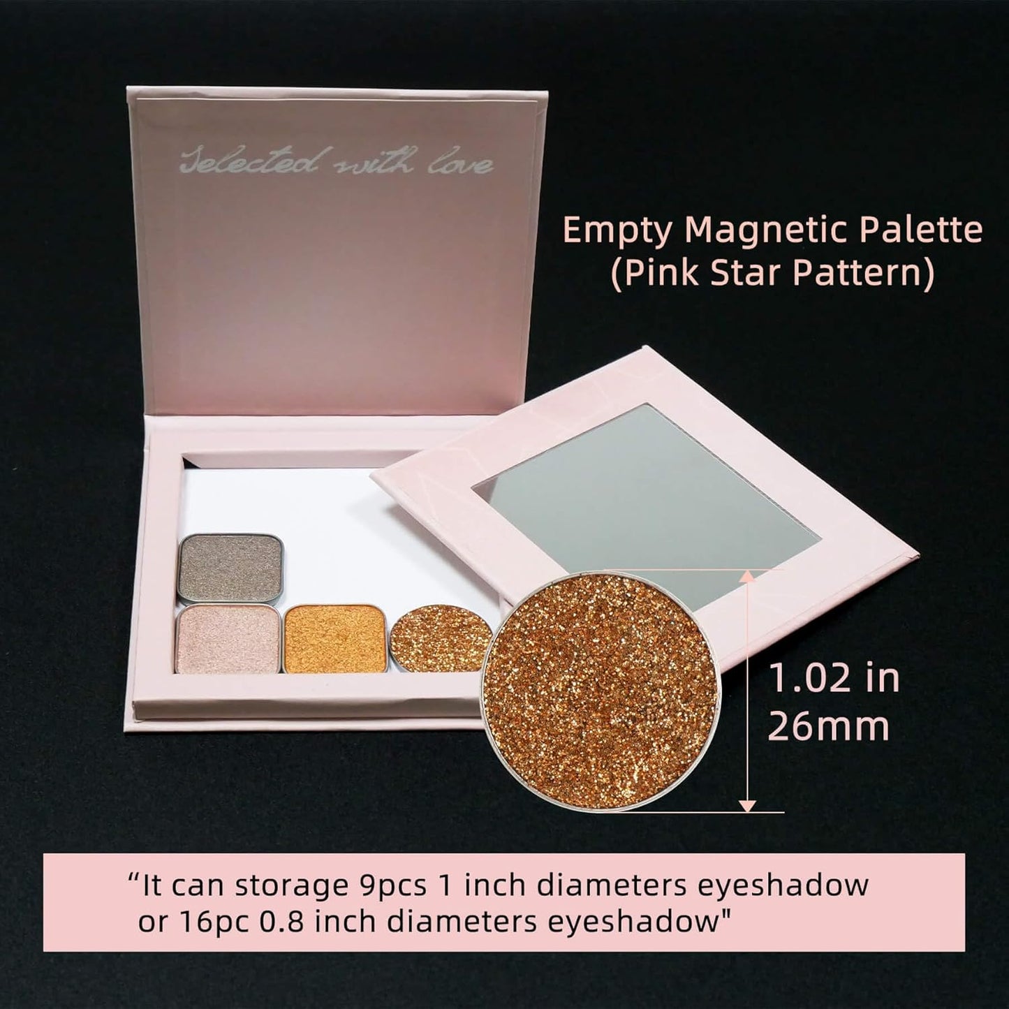 Pink Magnetic Refillable Makeup Palette with Mirror – Lightweight, Durable, Travel-Ready Case for Eyeshadow, Blush, Lipstick – Includes Spatula & 20 Stickers – Small, Waterproof Paperboard