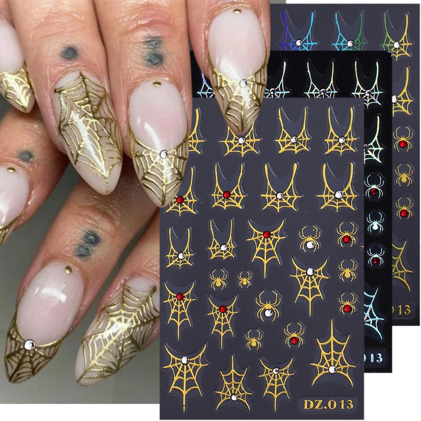 3 Sheets Spider Web Nail Stickers for Nail Art Gold Silver Halloween Nail Art Stickers Holographic Laser Spider Nail Decals With Diamond Designs 5D Self-Adhesive Scary Halloween Nail Sticker for Women
