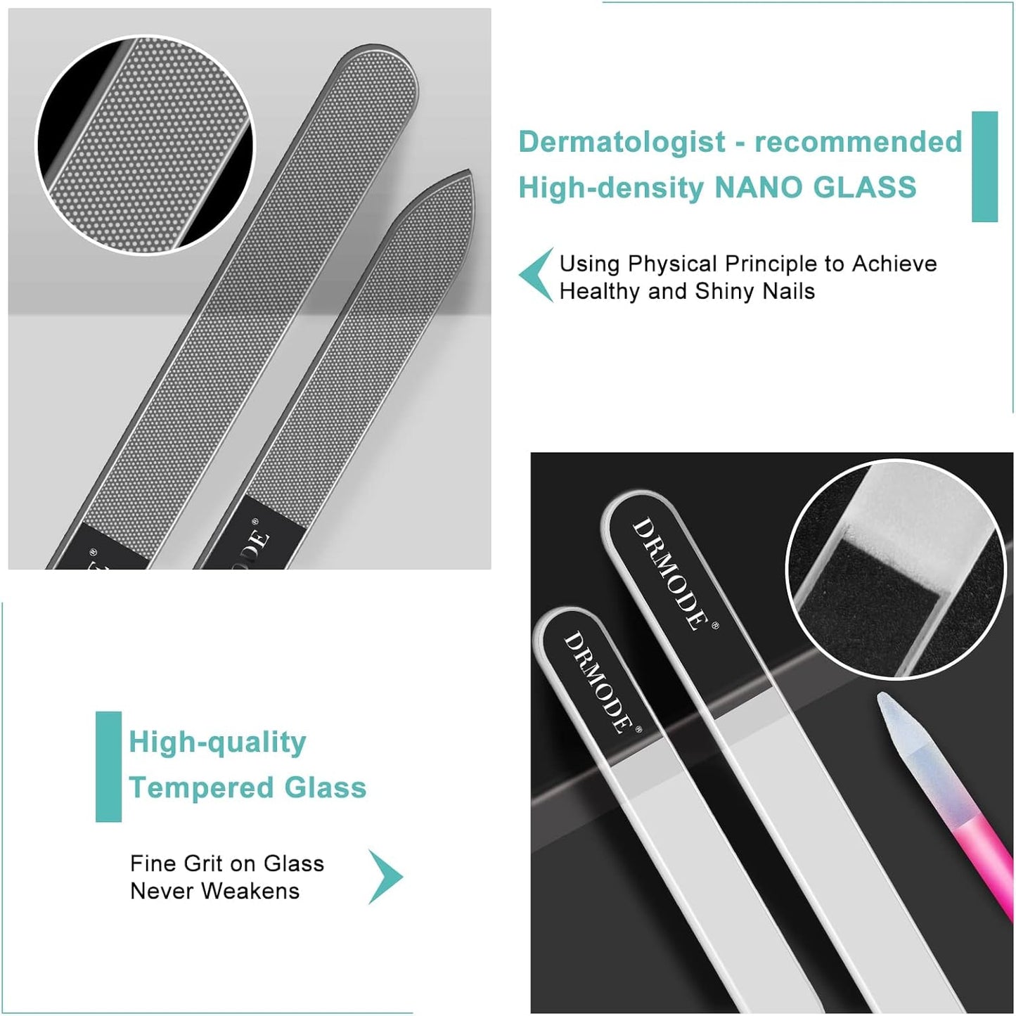 Glass Nail File Buffer with Case - 5PCS Nail Buffer and Nail Shiner Kit Glass Cuticle Pusher Nail Care for Men Women Nail Files for Natural Acrylic Nails Fingernail Files Manicure Tool